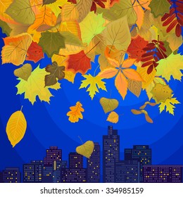 vector card falling leaves over the city at night
