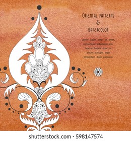Vector card. Fantasy eastern floral pattern. Orange aquarell background. Place for your text. 