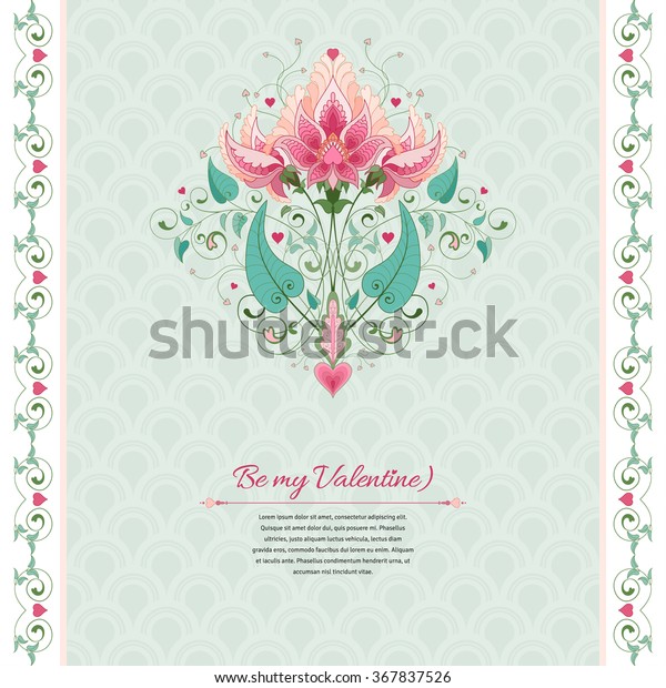 Vector card with\
fantasy floral element and borders. Delicate ornament on backdrop.\
Place for your text. All design elements consist of hearts. Wedding\
or Valentine\'s Day. 