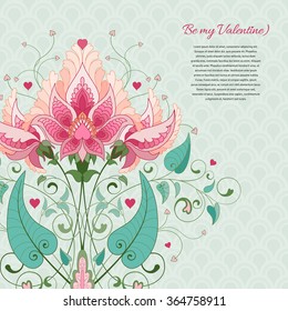 Vector card. Fantasy floral pattern. Delicate ornament. Wedding or Valentine's Day. All design elements consist of hearts. Place for your text.