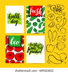 Vector card with farm vegetables. Brush hand drawn illustration and inscriptions. Healthy vegetarian food. Natural product. Tomato, cucumber. Health Day. Organic. Logo. Lettering.