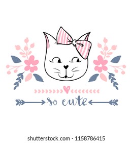 Vector card with fashion cat. Stylish kitten. Doodle Kitty. Kids animals print. Funny character. Cute illustration, trendy design. So cute lettering.