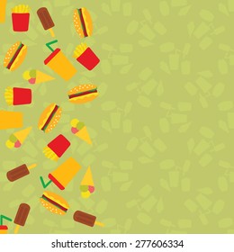 Vector card with fast food: cheeseburger, french fries, ice cream, soda. Fast food background. Leaflet with empty space for text. 