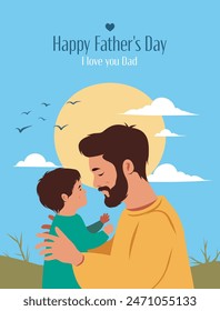 Vector card for Father's Day. The father holds his son in his arms. Father and son on vacation in nature in summer. Father's Day templates for poster, cover, banner, social media