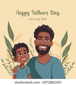 Vector card for Father's Day, happy father hugs his son against the backdrop of nature and plants, Dad I love you, for poster, cover, postcard