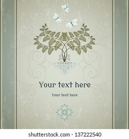Vector card. Fern and lacewing on  vintage plaster background. Place for your text. Perfect for invitations, announcement or greetings.