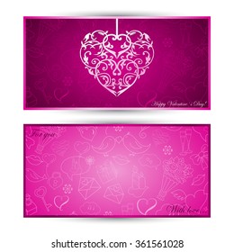 Vector card with filigree heart on background with sketch love symbols