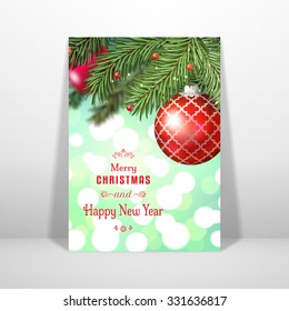 Vector card with fir tree on blurred background. Red balls and greeting lettering. Winter theme. 