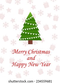Vector card with fir tree, which is decorated with flags. Christmas tree on a light background with the wishes of Merry Christmas and Happy New Year. Postcard greetings for the New Year.