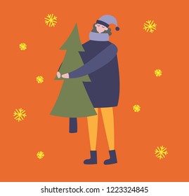 Vector card in flat design of winter season background with people outdoor in the minimalistic flat design