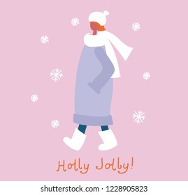 Vector card in flat design of winter season background with people outdoor in the minimalistic flat design