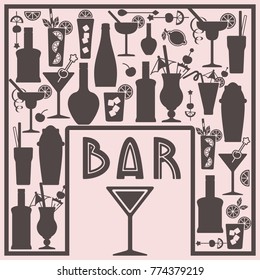 Vector card with flat icons of cocktails and bottles. Suitable for alcohol menu