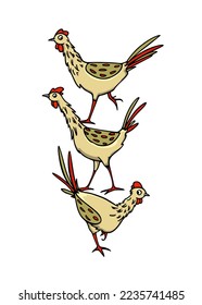Tarjeta vectorial con una bandada de lindos pollos dibujados a mano. Hermoso dibujo de tinta, fuerte contorno, estilo gráfico. Elementos perfectos para el diseño del logotipo de la alimentación o de la agricultura.