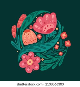 Vector card with  floral arrangement with folk ornaments on green background. Template with red flowers on stems with naive ornaments. Natura botany image in flat hand drawn style
