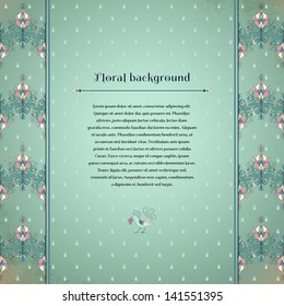 Vector card. Floral border on vintage background. Fantasy flowers with leaves and berries. Decorative bird pecks berries. Place for your text. Perfect for greetings, invitations or announcements.