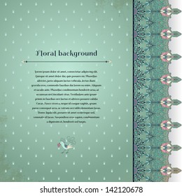 Vector card. Floral border on vintage background. Fantasy flowers with leaves and berries. Decorative bird pecks berries. Place for your text. Perfect for greetings, invitations or announcements.
