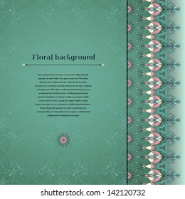 Vector card. Floral border on vintage background. Fantasy flowers with leaves and berries. Place for your text. Perfect for greetings, invitations or announcements.