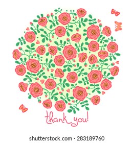 Vector card with floral bouquet and text Thank you.