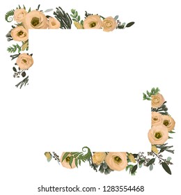 Vector card floral design with eucalyptus, branches boxwood, buxus, brunia, botanical green and flowers eustoma cream. Decorative horizontal frame, square. Cute greeting, postcard template, wedding 