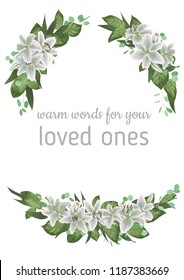 Vector card floral design with green watercolor, herbs, leaves eucalyptus, white lily, botanical green, decorative frame, border. Elegant beauty cute greeting, wedding invite, postcard template.
