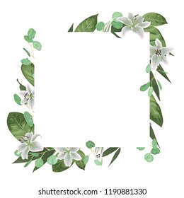 Vector card floral design with green watercolor, herbs, leaves eucalyptus, white lily, botanical green, decorative frame, square. Cute greeting, postcard template, wedding invite
