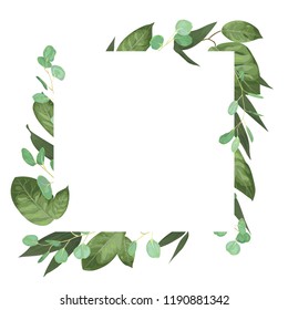 Vector card floral design with green watercolor, herbs, leaves eucalyptus, lily leaves, botanical green, decorative frame, square. Cute greeting, postcard template, wedding invite
