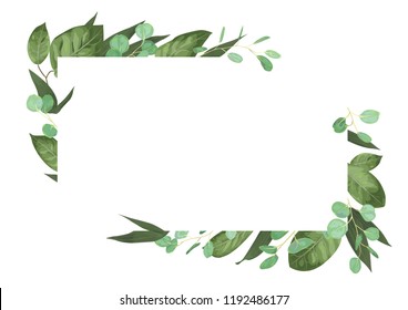 Vector card floral design with green watercolor, herbs, leaves eucalyptus, lily leaves, botanical green, decorative frame, horizontal rectangle. Cute greeting, postcard template, wedding invite