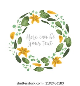 Vector card floral design with green watercolor, herbs, leaves eucalyptus, yellow lily, botanical green, decorative round frame. Wedding invite, cute greeting, postcard template
