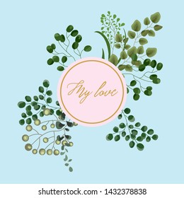 Vector card floral design with green watercolor fern leaves tropical forest greenery herbs decorative frame, border. Elegant beauty cute greeting, wedding invite, postcard template. My love lettering