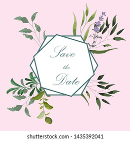 Vector card floral design with green watercolor fern leaves tropical forest greenery herbs decorative frame, border. Elegant beauty cute greeting, wedding invite, postcard template. My love lettering