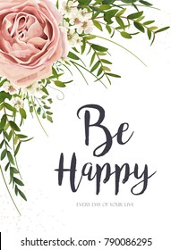 Vector card floral design with purple pink garden rose flower, green watercolor eucalyptus greenery leaves, plants, herbs bouquet frame. Elegant, romantic greeting, invitation, postcard. Be happy text