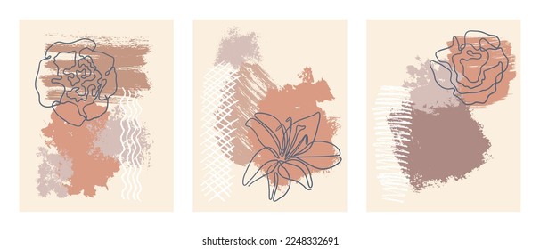 vector card with floral elements, minimalistic design. neutral pastel colors,flowers and leaf at paint spots