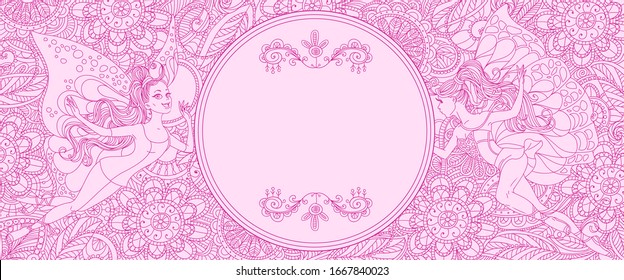 Vector card with floral openwork pattern and fairies. With a center spot for the headline. Freehand drawing. Fuchsia color outline on a pink background.