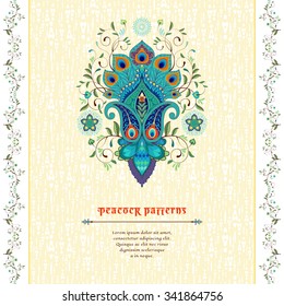 Vector card. Floral oriental pattern and borders. Ornament with peacock feather elements. Place for your text.