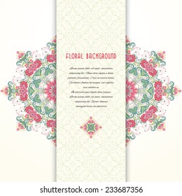 Vector card with floral oriental round pattern and gentle insertion. Insertion for your text with simple delicate ornament. 