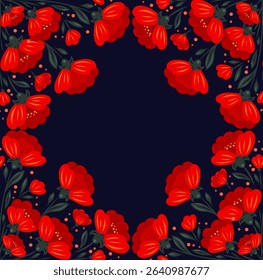Vector card with floral ornament with red poppies and copy space on dark blue background. Decorative folk art style invitation with detailed red flowers and place for text for postcard and banner