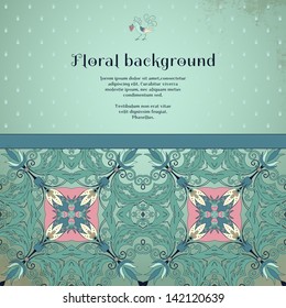 Vector card. Floral pattern on vintage background. Fantasy flowers with leaves and berries. Decorative bird pecks berries. Place for your text. Perfect for greetings, invitations or announcements.
