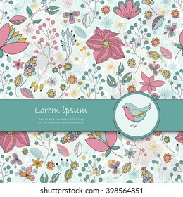 Vector card with floral pattern, ribbon and bird. Place for your text. Perfect for greetings, invitations, announcements, wedding design.