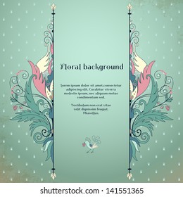 Vector card. Floral pattern, vintage background. Beautiful  flowers with leaves and berries. Decorative bird pecks berries. Place for your text. Perfect for greetings, invitations or announcements