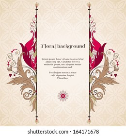 Vector card. Floral pattern in vintage style.Beautiful flowers with leaves and berries. Seamless simple delicate ornament. Place for your text. Perfect for greetings, invitations or announcements