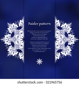 Vector card. Floral round oriental pattern in vintage style. Blue gradient mesh backdrop. Insertion for your text.
