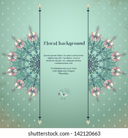 Vector card. Floral round pattern on vintage background. Fantasy flowers with leaves and berries. Decorative bird pecks berries. Place for your text.
