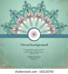 Vector card. Floral round pattern on vintage background. Fantasy flowers with leaves and berries. Decorative bird pecks berries. Place for your text.