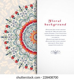 Vector card. Floral round pattern. Pattern with fantasy flowers. Seamless ornament with leaves. Place for your text. 