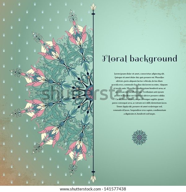 Vector card. Floral  round\
pattern on vintage background. Flowers with leaves and berries.\
Place for your text. Perfect for greetings, invitations or\
announcements.