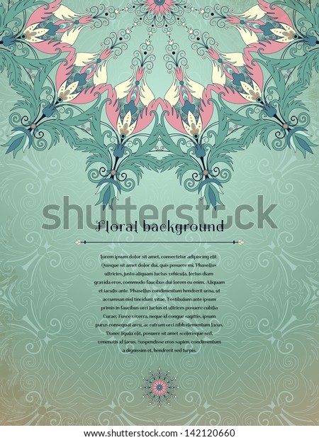 Vector\
card. Floral round pattern on vintage background. Fantasy flowers\
with leaves and berries. Place for your\
text.