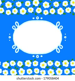 Vector card with floral seamless border made of small white flowers and blank frame on bright blue. Template for flower shop gift card, spring sale coupon, perfume box design, wedding invitation
