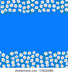 Vector card with floral seamless frame \ border made of small white flowers and copyspace on bright blue. Template for flower shop gift card, spring sale coupon, perfume box design, wedding invitation