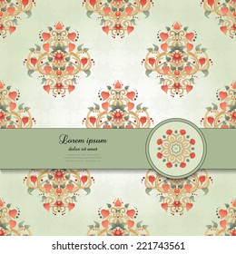 Vector card with floral symmetrical elements. Delicate ornament. Physalis, leaves and twisted branches. Place for your text. Perfect for greetings, invitations or announcements.