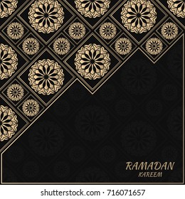 Vector card with floral tiles. Islamic design. Golden foil decorative elements. Gold and black background.